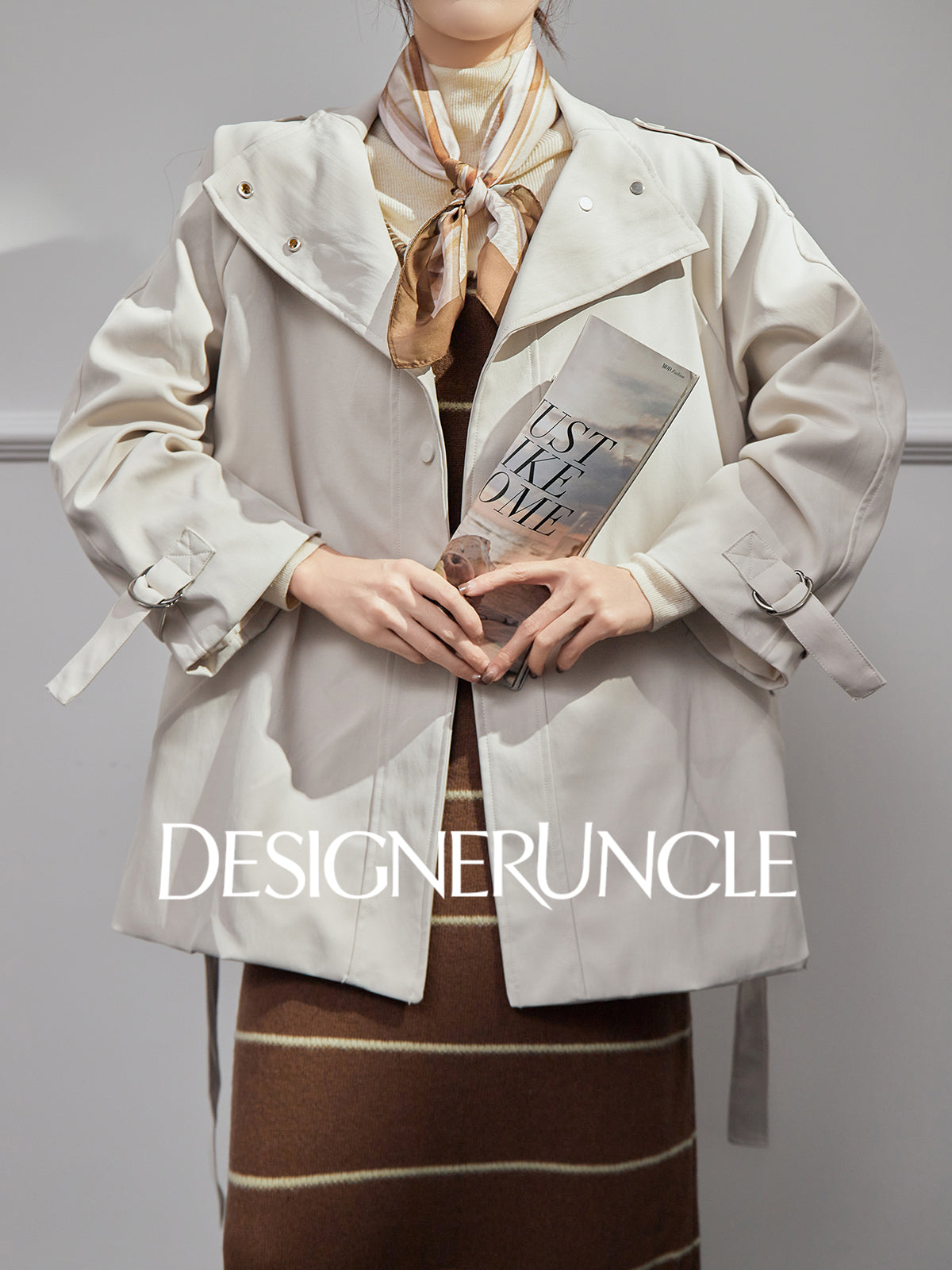 DGU "Suqi" beige trench coat loose mid-length commuter versatile slimming top - Charlotte.