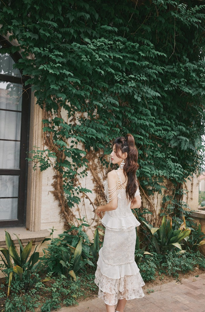 DOLLY Elegant French Style Cream Ruffled Lace Fake Two Piece Midi Dinner Dress-KAKA