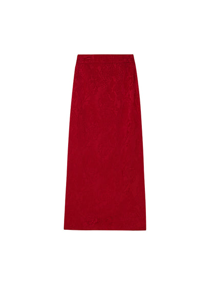 HECO Acetate Jacquard Rear Slit High Waist Slim Red Black White A-line Skirt Woman - KINGDOM.