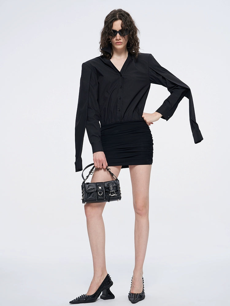 ANNAKIKI black double-sleeved needle shuttle spliced dress for women-FUMIHITO