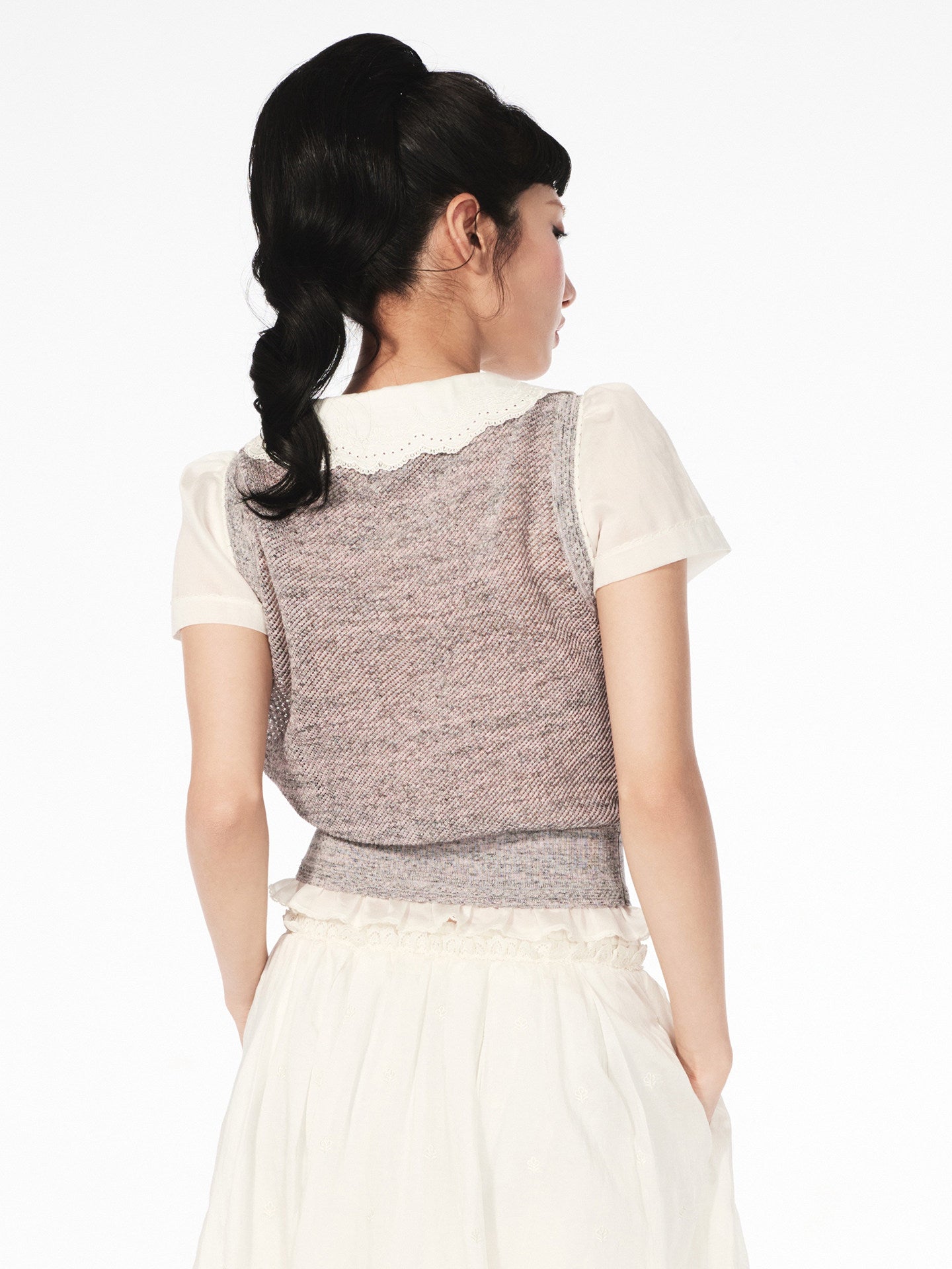 FAME Beaded Patchwork Lace Fake Two Knitted Short Sleeve Top - ETHAN