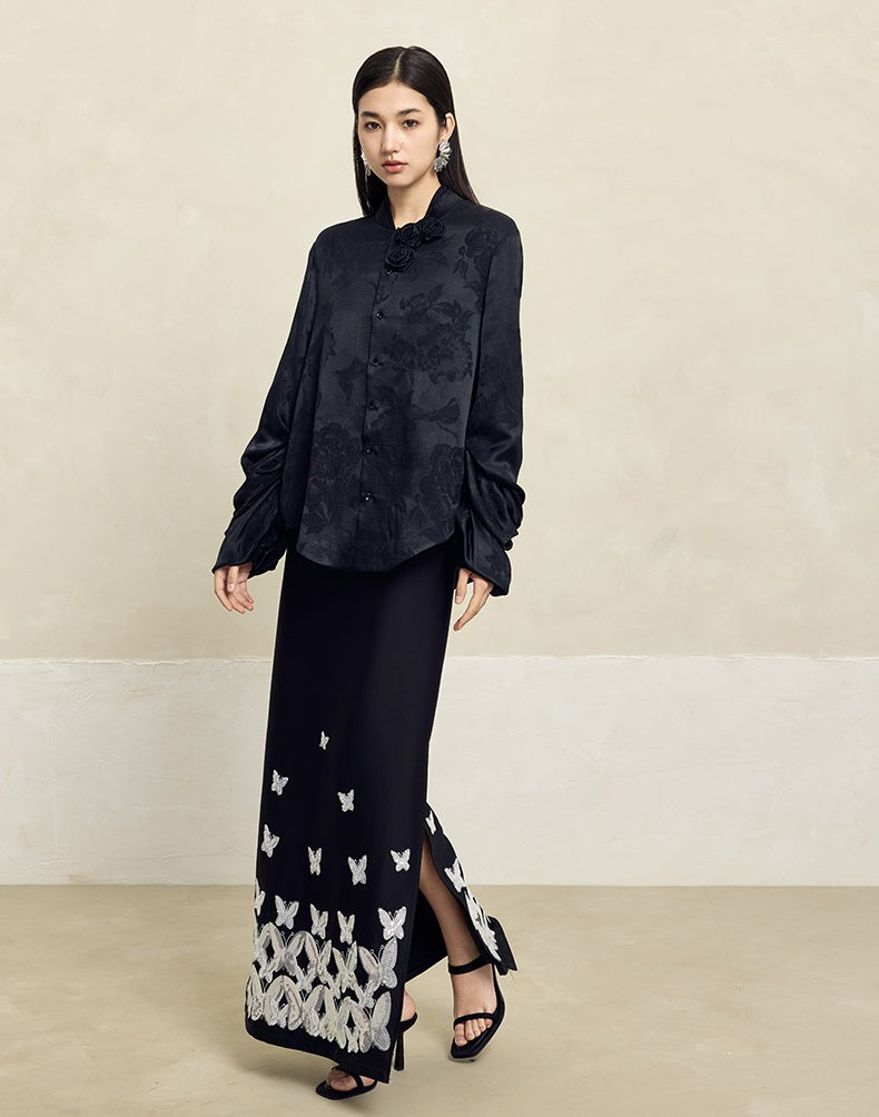 HECO Butterfly Embroidery black white High-waisted Straight Skirt Women - CODE.