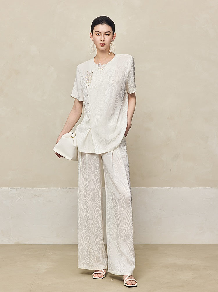 HECO Jacquard Drapy Wide-leg High Waist Casual Black White Pants - COMMAND.