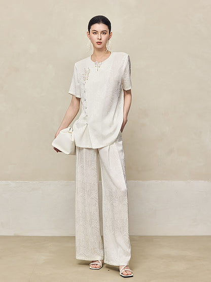 HECO Jacquard Drapy Wide-leg High Waist Casual Black White Pants - COMMAND.