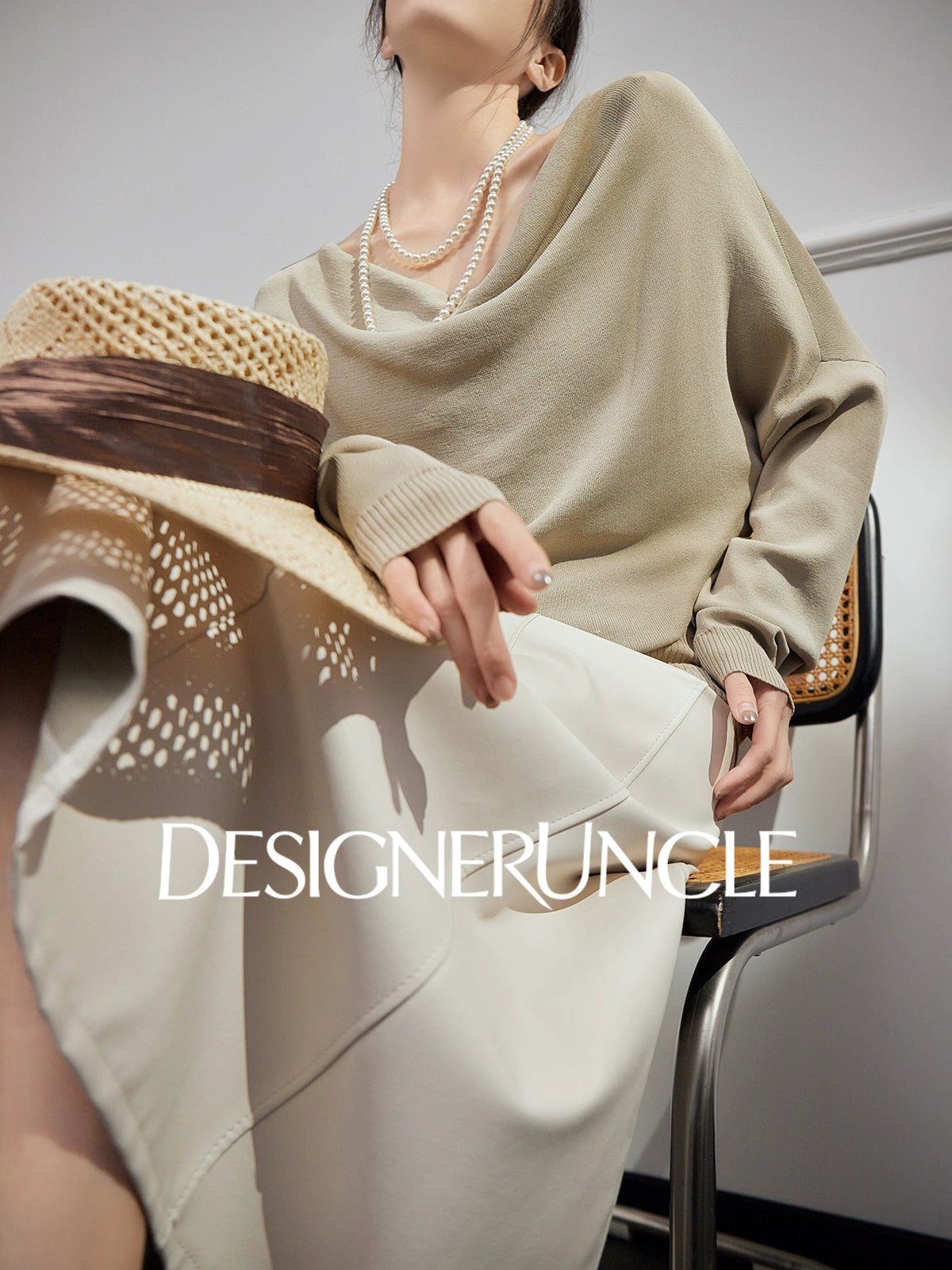 DGU "Shallow Realm" gray-green knitted sweater V-neck loose slimming temperament top - EKKO.