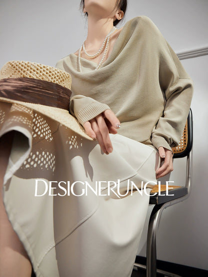 DGU "Shallow Realm" gray-green knitted sweater V-neck loose slimming temperament top - EKKO.