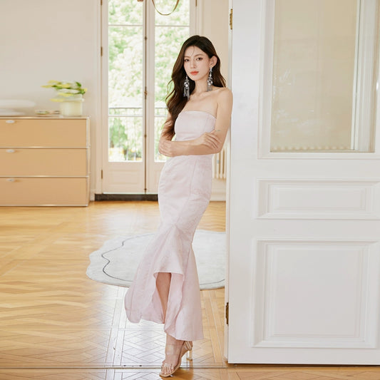 DOLLY Elegant White Tube Top Stylish Fish Tail Cocktail Dress-GERALDINE