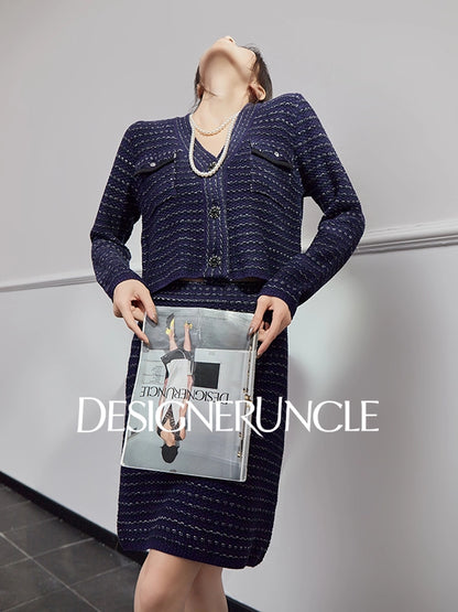 DGU|Royal Blue SSmall Fragrance V-Neck Elegant Knitted Top Two-Piece Set.