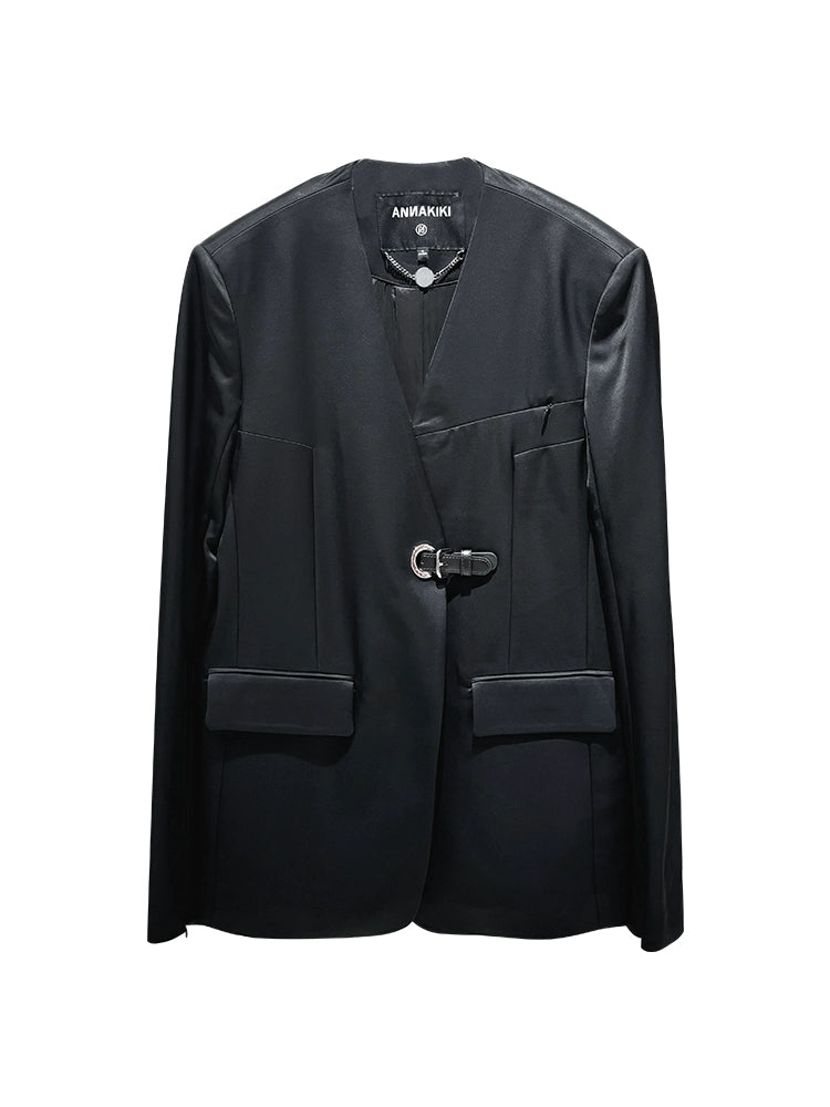 ANNAKIKI designer black acetate collarless split V-neck blazer-PEARL