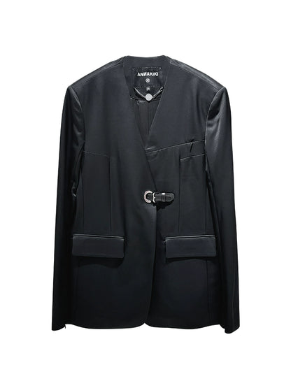 ANNAKIKI designer black acetate collarless split V-neck blazer-PEARL