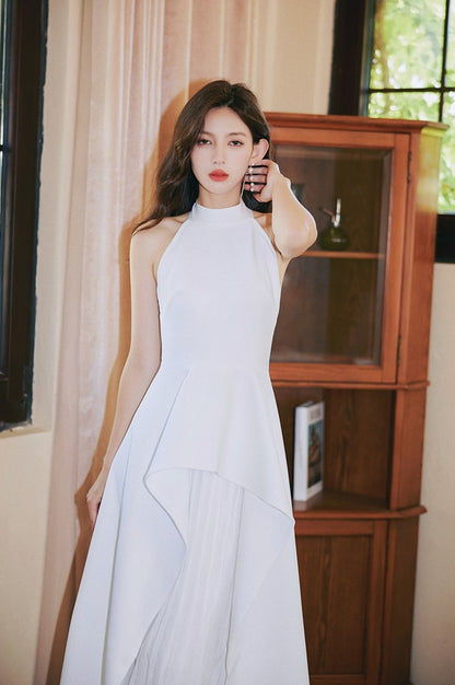 DOLLY High End White/Black Sleeveless Ruffled Halter Neck Top+ Pleated Skirt-SOLANGE