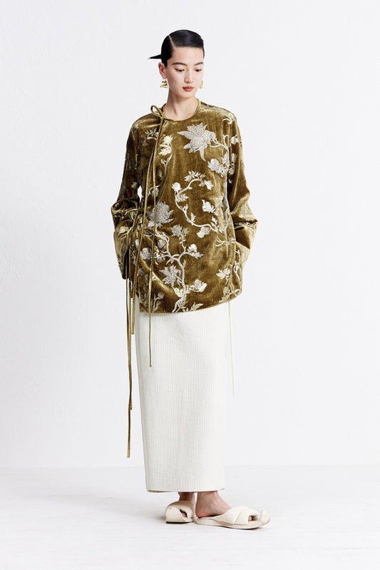 ZHUCHONGYUN brown floral long-sleeve round neckline shirt-KARMA.