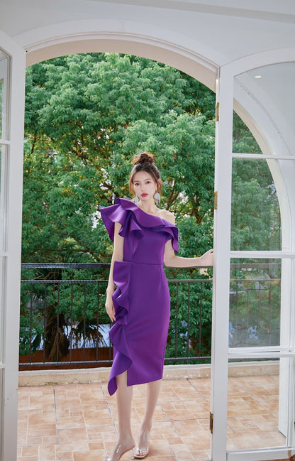 DOLLY Elegant Purple Ruffled Off Shoulder High Waist Midi Ruffle Dress-AKARI