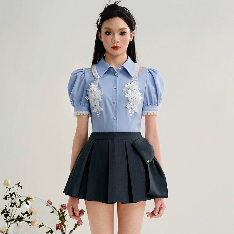 CHECOCRE Chic Three-dimensional Flower Puff Sleeve Cutout Sexy Blue Top - ATRACT