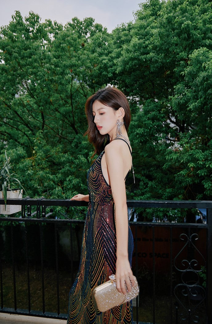 DOLLY Elegant Colorful Black Sleeveless Sequin Long Suspender Banquet Dress-LUNE