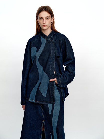 SERRER Abstract body print asymmetrical denim jacket - DAVID.