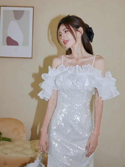 DOLLY Elegant White Off Shoulder Sequin Ruffled Tube Top Banquet Dress-ALICIA