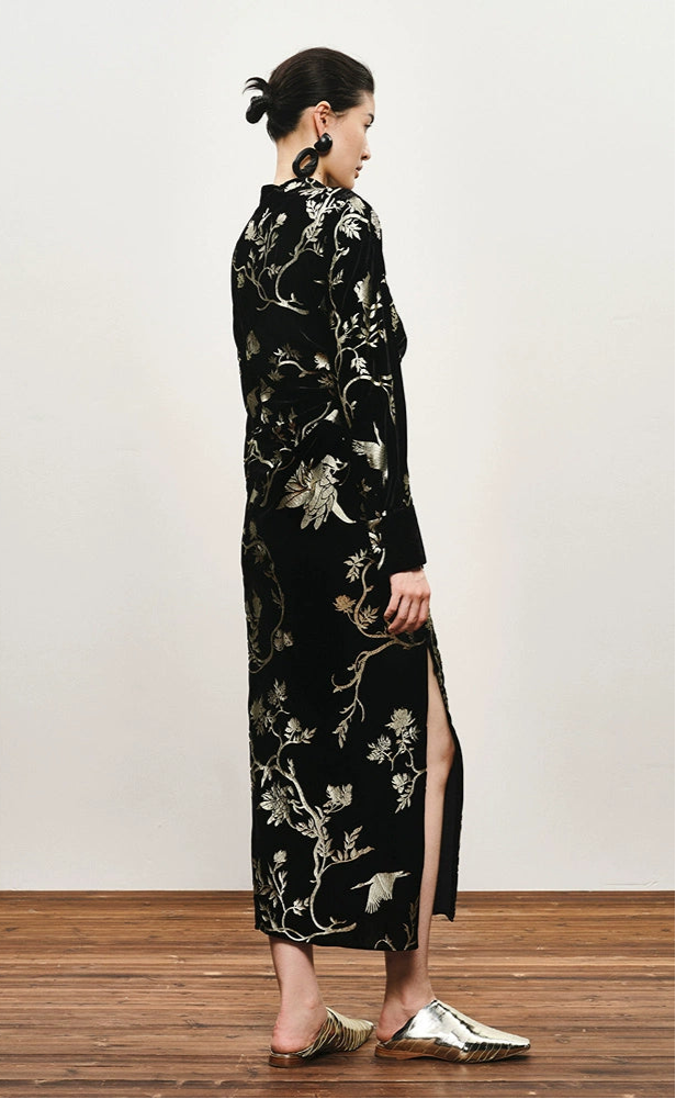 ZHUCHONGYUN Chinese Nail Bead Stamping Suede Dress--THORFINN.