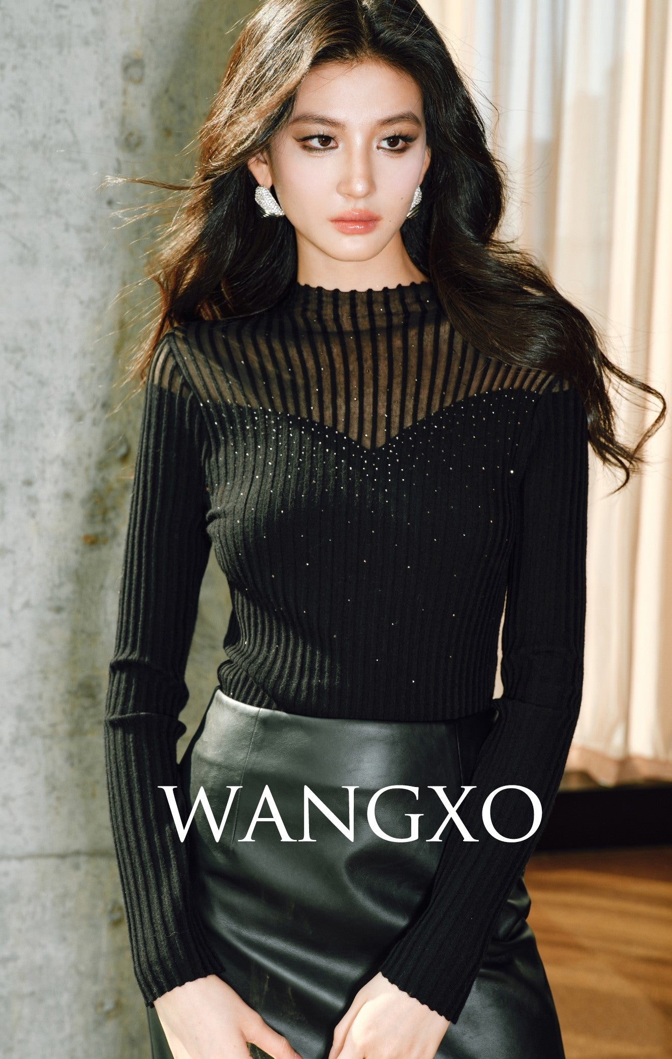 WANGXO | Worsted Wool with 3D Pit Stripes Openwork Diamond Detail Knitwear -ENYA.