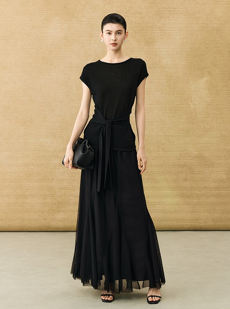 HECO Chinese Slimming Waist Linen Knit Breathable Crew Neck T-Shirt - INDIGO.