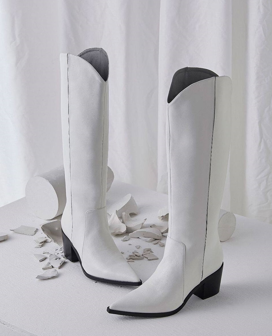 B-FEI black and white simple niche women's long cowboy boots-DAVI.