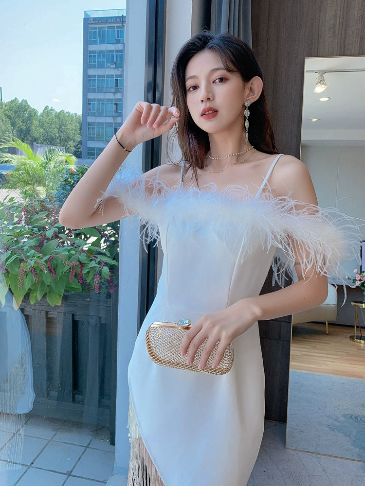 DOLLY Elegant Sling Off Shoulder Feather Slim Fit Short Tassel Birthday Dress-JAJA