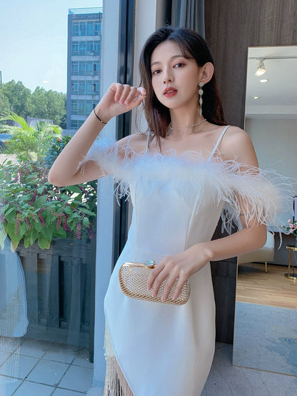 DOLLY Elegant Sling Off Shoulder Feather Slim Fit Short Tassel Birthday Dress-JAJA