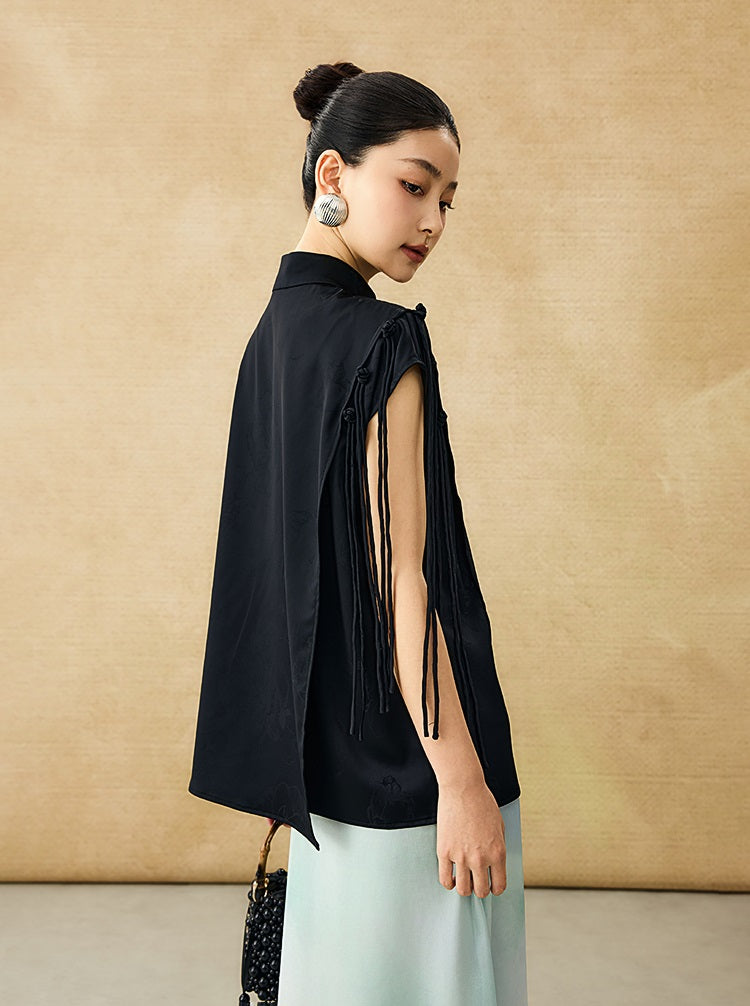 HECO Chinese Peony Buckle Short Sleeve Acetate Tassel Top - TEACH .