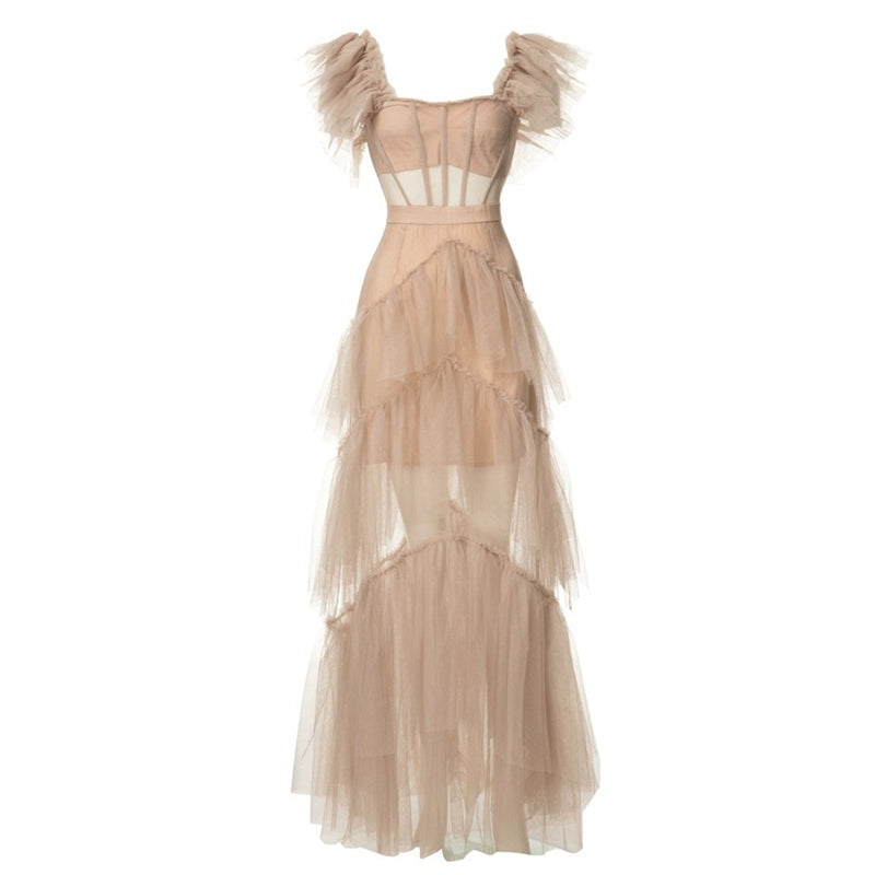 DOLLY High End Square Collar Short Ruffle Sleeves High Waist French Style Dress-MARIANA