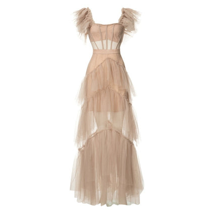 DOLLY High End Square Collar Short Ruffle Sleeves High Waist French Style Dress-MARIANA