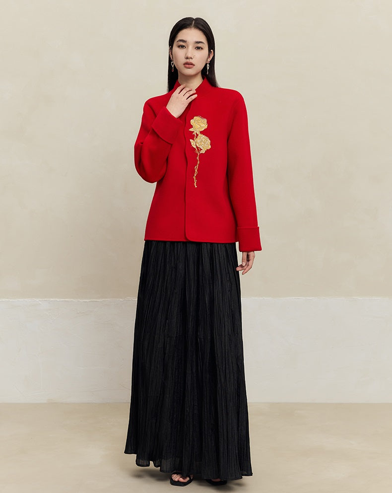 HECO 100% wool Embroidery Red black Short Double-Sided Tweed Jacket Women - out.