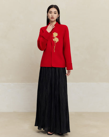 HECO 100% wool Embroidery Red black Short Double-Sided Tweed Jacket Women - out.