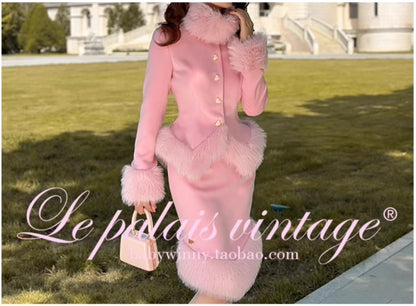 Le Palais Vintage Elegant long sleeve pink fur collar two piece banquet suit- Fave