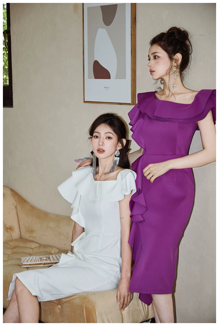 DOLLY High End Purple Ruffled Square Collar Slim Fit Formal Dinner Dress-ANGELIKI