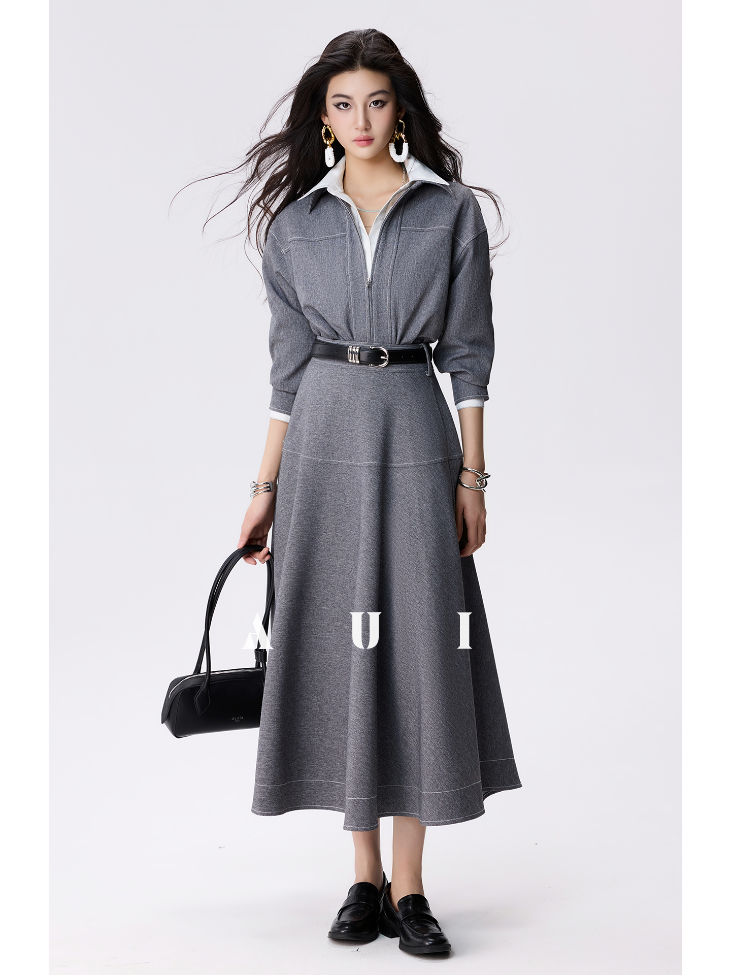 AUI Grey Double Ended Zipper Lapel Jacket Premium A-Line Two-Piece Suit Skirt - Yeong-Ja