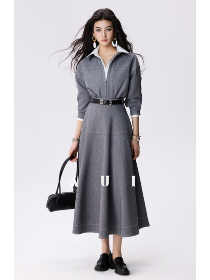 AUI Grey Double Ended Zipper Lapel Jacket Premium A-Line Two-Piece Suit Skirt - Yeong-Ja