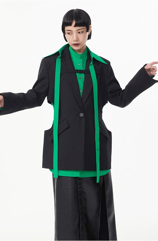 TINYIN  waist silhouette blazer women's one-button mid-length green black-CHI