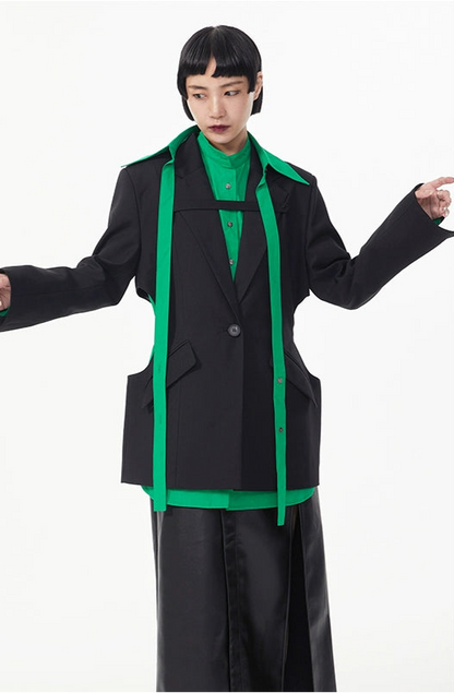 TINYIN  waist silhouette blazer women's one-button mid-length green black-CHI