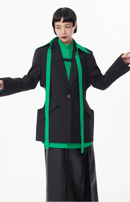 TINYIN  waist silhouette blazer women's one-button mid-length green black-ZYN