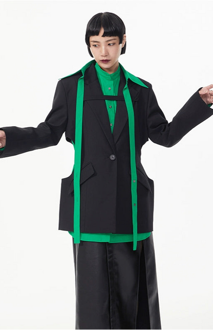 TINYIN  waist silhouette blazer women's one-button mid-length green black-ZYN