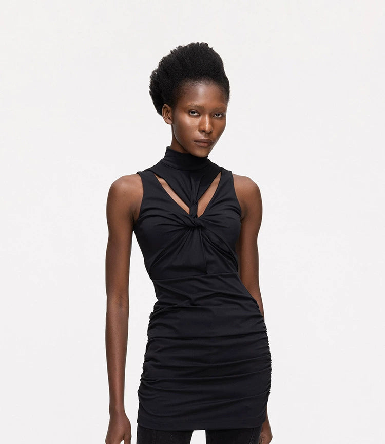 ANNAKIKI niche black kink pleated cut-out sexy dress-GENKO