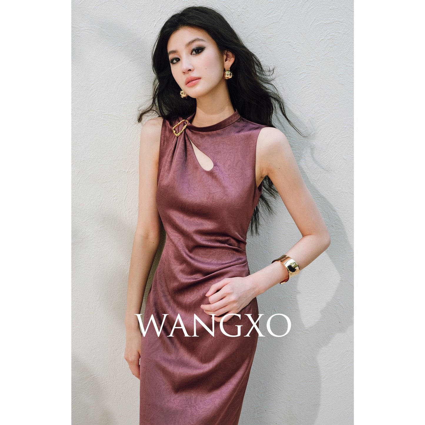 WANGXO |Water Drop Cutout, Custom Pin & Pinch-Pleated Sleeveless Dress- SENA