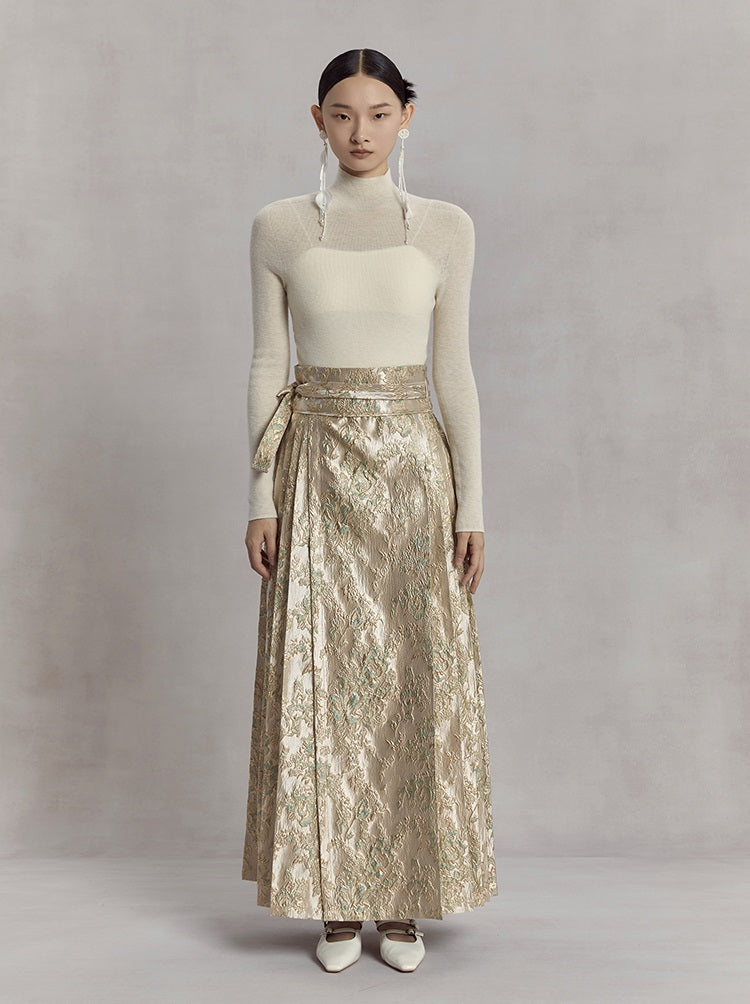 HECO high waist pleat blue purple green jacquard Embossed Skirt Women - king.