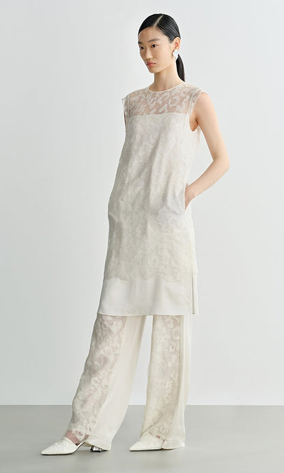 COMME MOI Silk Embroidered Panelled Straight white Pants - ISAIAH.