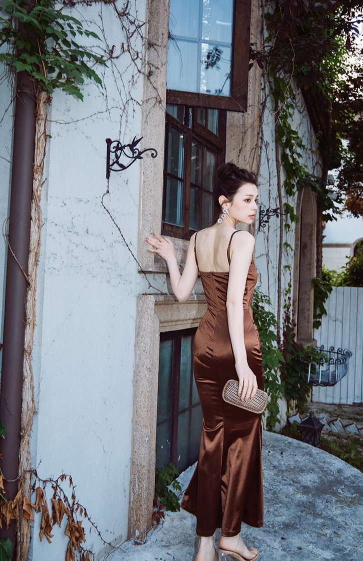 DOLLY Elegant Brown Sleeveless Satin Slim Fit Hip Hug Long Dinner Dress-CRESSIDA