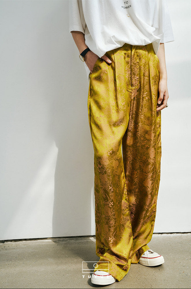 TUYUE yellow silk satin jacquard casual straight-leg pants - JAMAL.