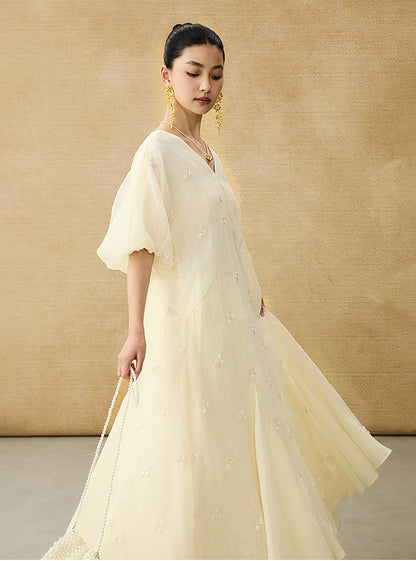 HECO  New Chinese Embroidered V-Neck Puff Sleeve Dress - CORAINE.