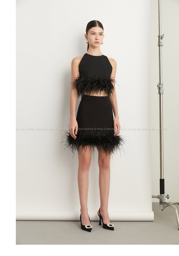 Fall Autum Classic Black Feather Spliced Top Vest and skirt - Ikees