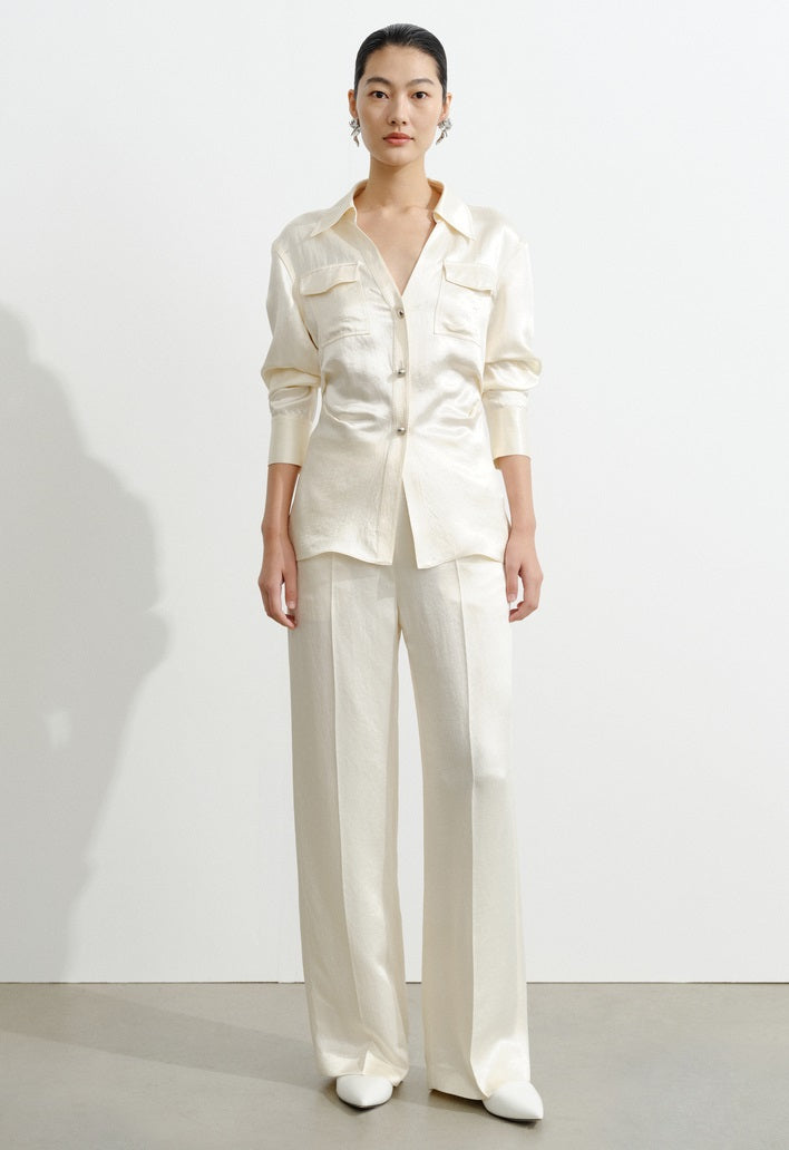 COMME MOI Lv Yan Designer Summer Acetate Texture V-Neck Waist Shirt - AYLA.