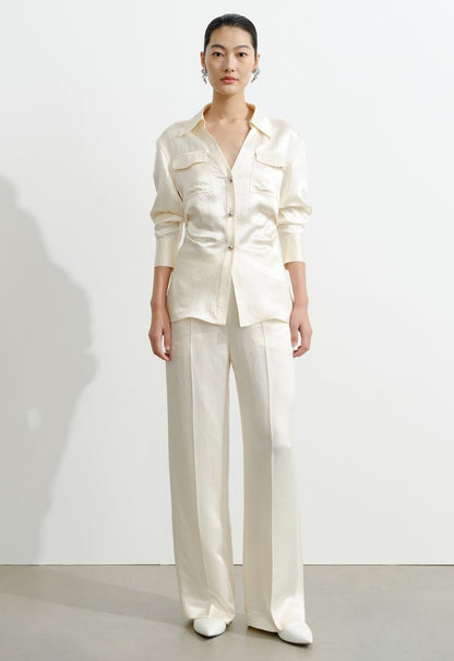 COMME MOI Lv Yan Designer Summer Acetate Texture V-Neck Waist Shirt - AYLA.